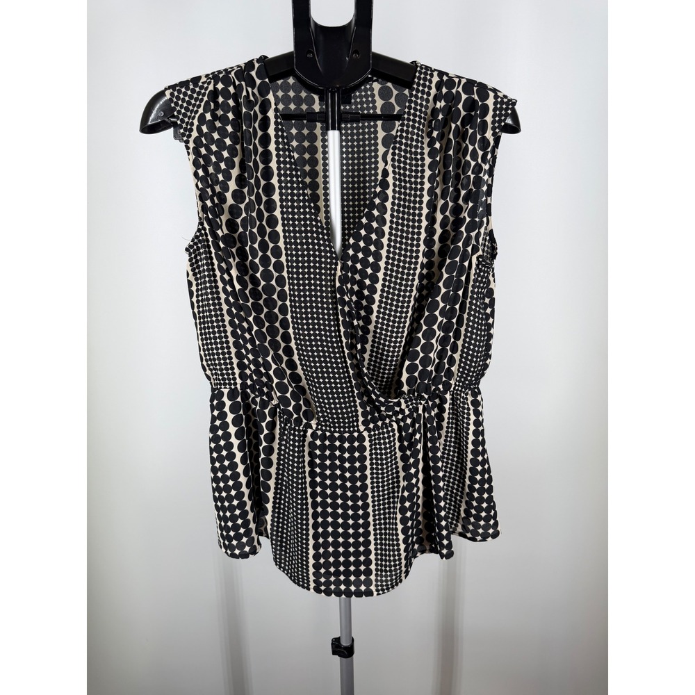 Who What Wear Polka Dot Sleeveless Faux Wrap Peplum Blouse Black Cream L